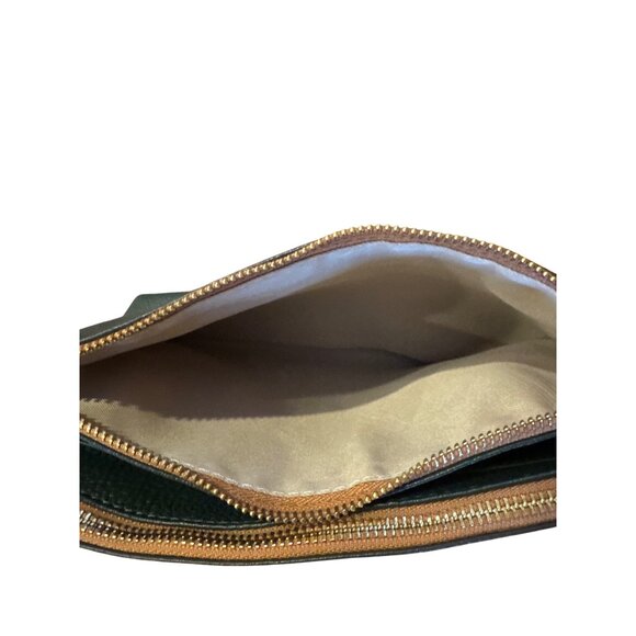 Valentina Italy Leather Shoulder Bag Green Tan Strap Gold Logo Zip Purse - Picture 10 of 16